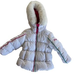 Snozu Toddler Puffer Coat 2T White Hooded Pink Fleece Winter Warm Snow
